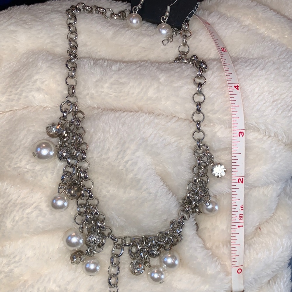 Paparazzi Silvertone Pearl, Rhinestone Necklace & Earring Set